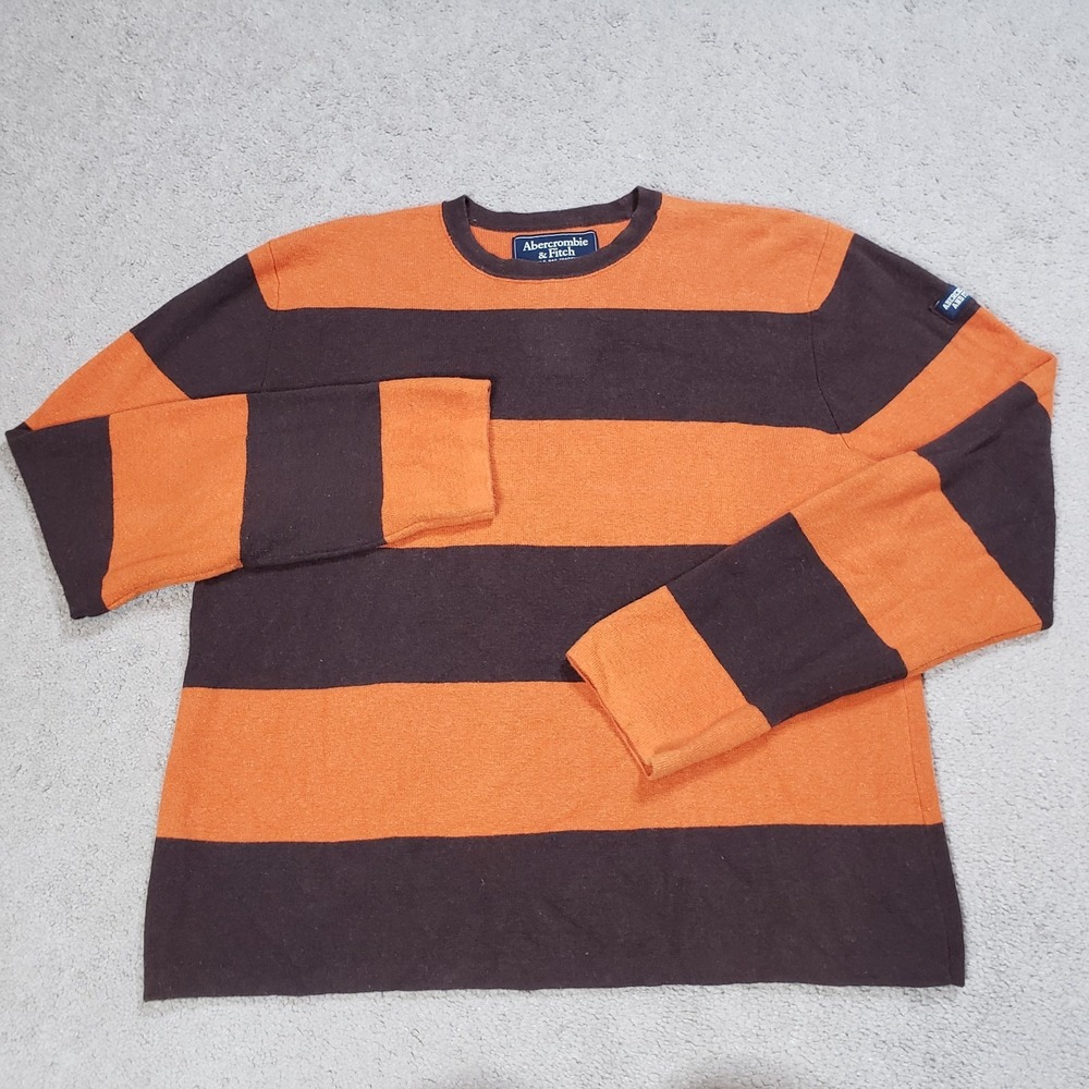 VTG Abercrombie Fitch Sweater‎ Women XL Orange Brown Striped Crew Neck Wool Y2K
